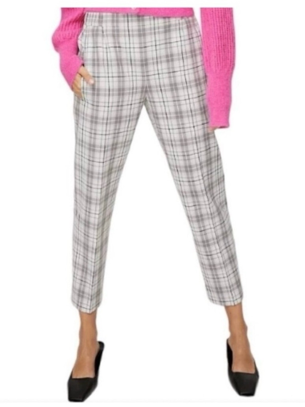 Wilfred Aritzia Plaid Ankle Trousers Size 6 Cream Gray Check Pull-On Pants